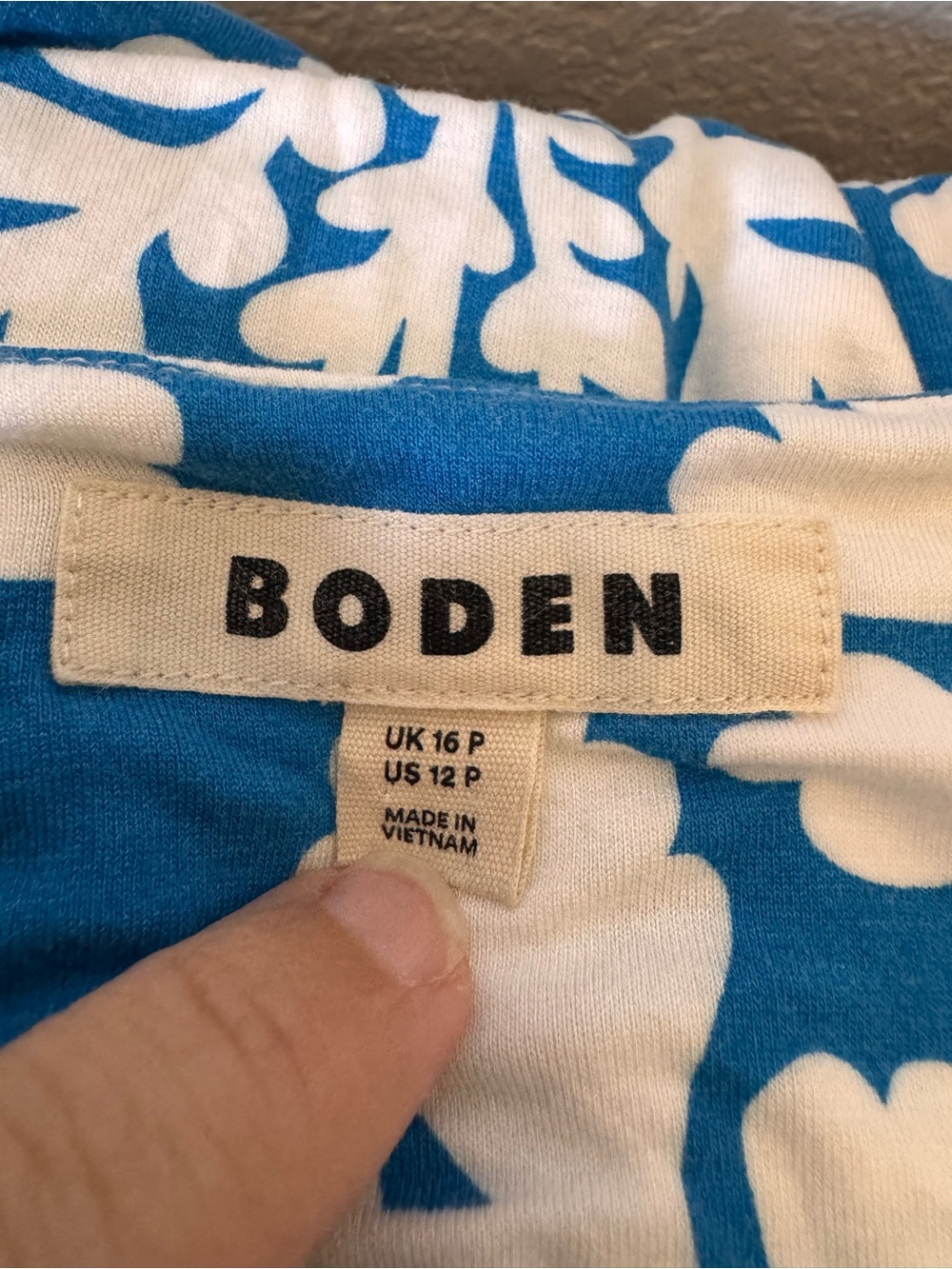BODEN Paloma Blue & White Damask Jersey Maxi Dress | Smocked Waist | 12P Petite - Picture 8 of 10